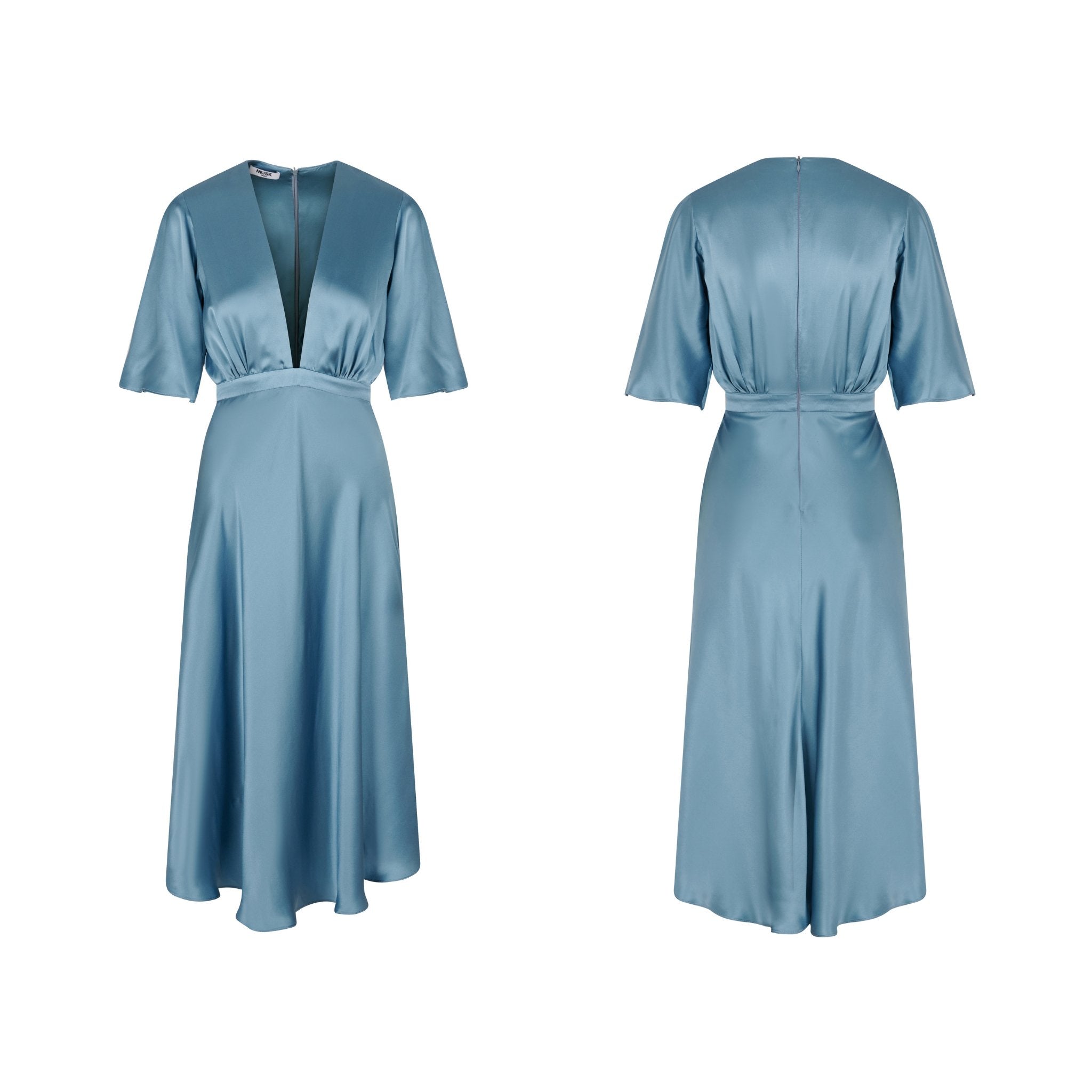 Robe Alexa - MUSK Paris - Robe en soie bleu midi satinée